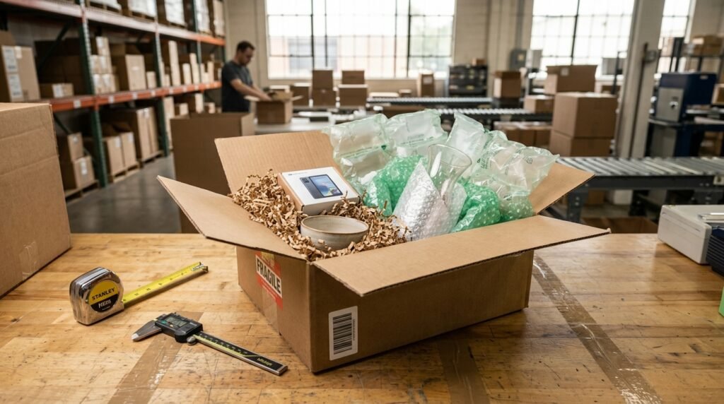 Box void fill calculator order fulfillment station with cardboard boxes packaging tape void fill and digital cost analysis).