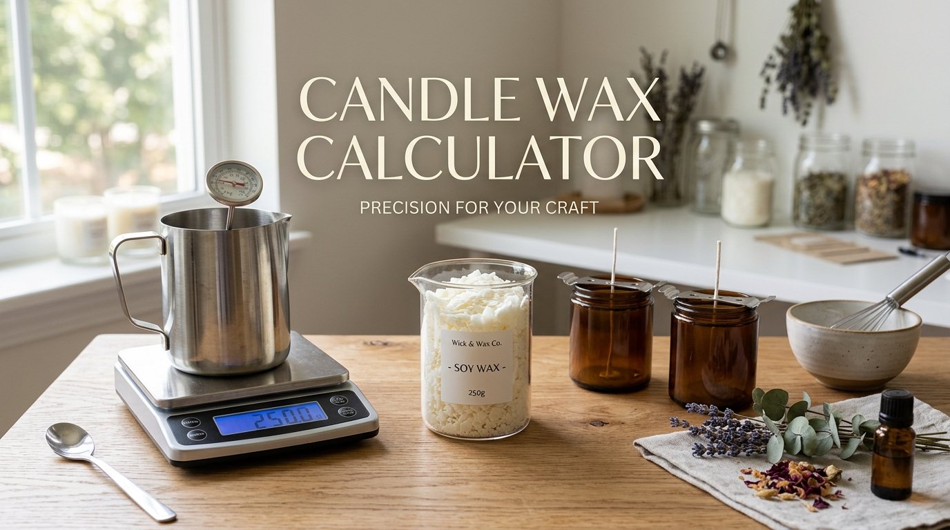 Candle wax calculator batch formulation with soy wax flakes digital scale and glass amber jar