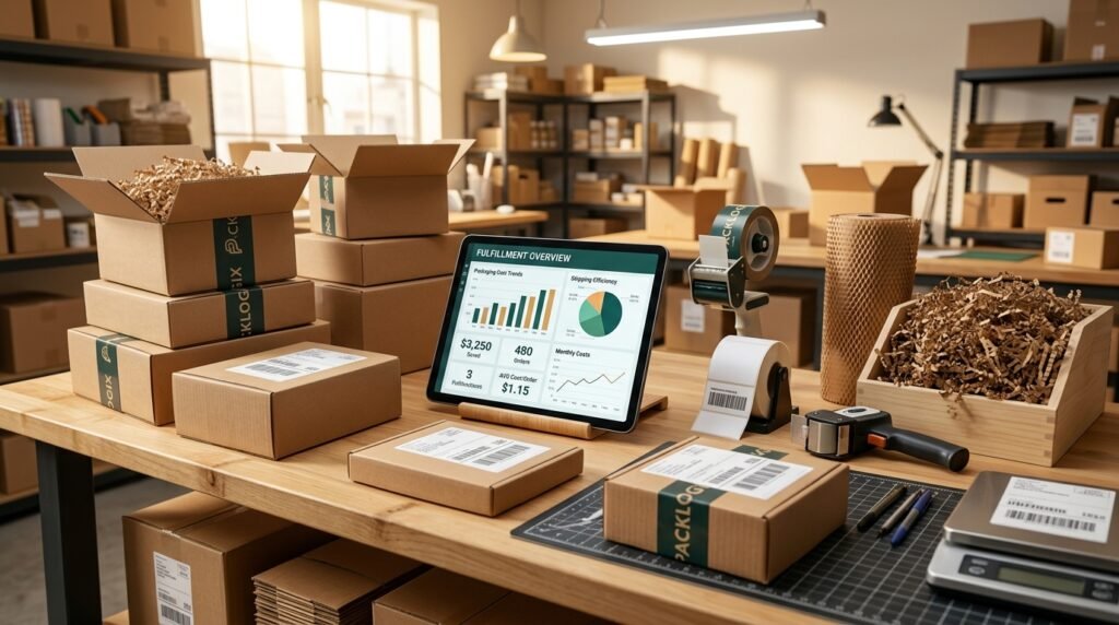 Packaging cost calculator order fulfillment station with cardboard boxes packaging tape void fill and digital cost analysis