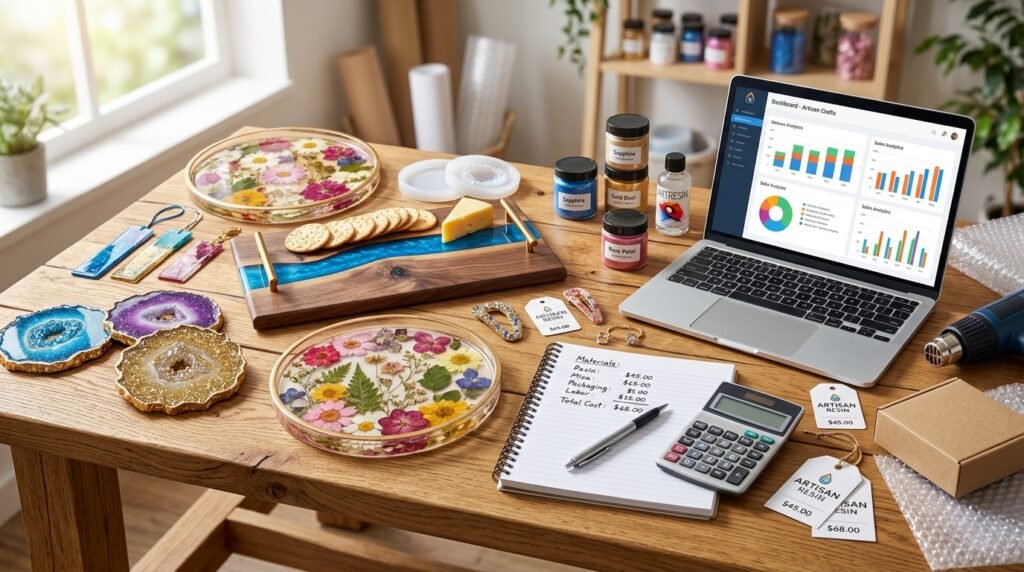 Resin craft pricing calculator with geode coasters river boards and artisan sales analytics