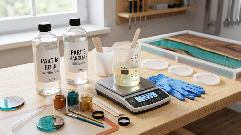 Resin mixing ratio calculator precision scale and epoxy hardener cups workbench